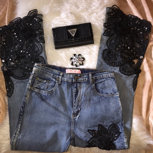 Designer Black Appliqué Denim Jeans - Picture 3 of 4